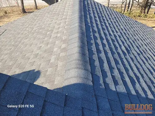 mismatched-roof-shingles-kansas-city-mo-2804-ne-parvin-rd-64117-39.16343860N-94.54669300W-bulldog-home-inspections-20251208_111404 Mismatched roof shingles visual comparison - Brookwood subdivision, Kansas City, MO - December 2025