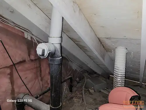 plumbing-painted-white-in-attic-kansas-city-mo-8936-oak-st-64114-38.96537520N-94.58651870W-bulldog-home-inspections-20251223_135257 Plumbing pipes painted white in attic from fire damage - Moore's Southland subdivision, Kansas City, MO - 64114 (38.9654N, 94.5865W) - December 2024